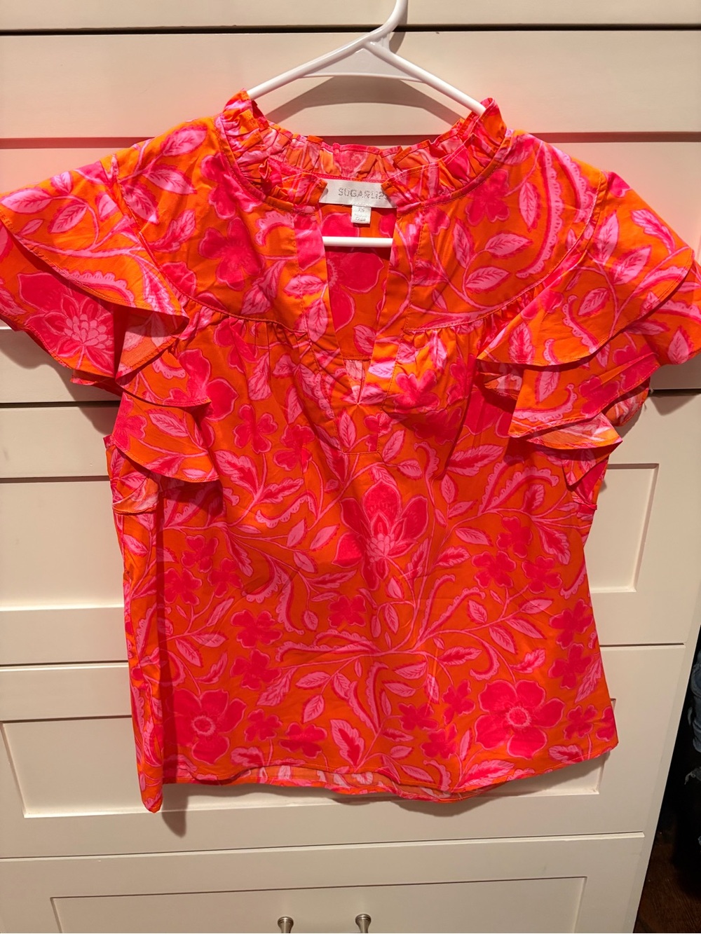 Sugarlips Pink and Orange Floral Ruffle Sleeve Blouse